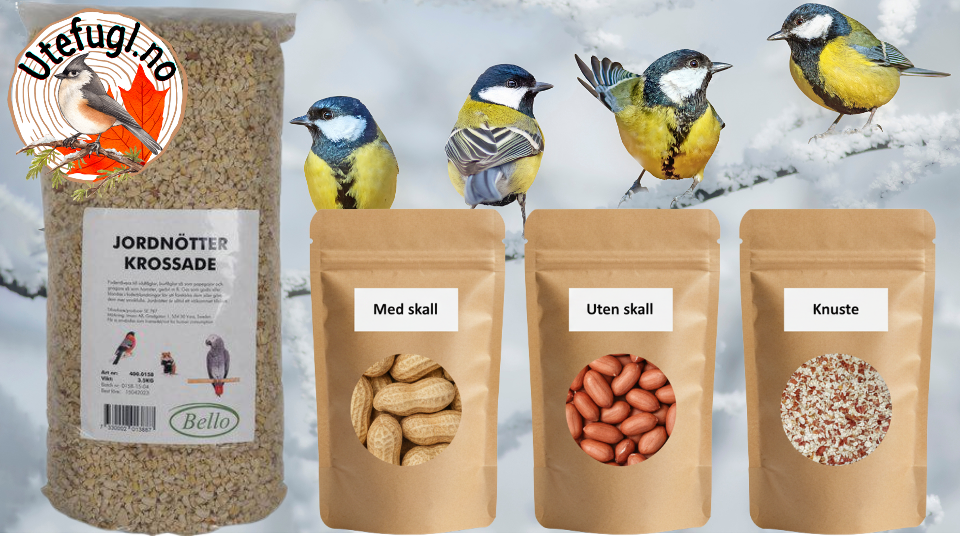 Usaltede peanøtter til fugl med skall, uten skall og knuste fra utefugl.no