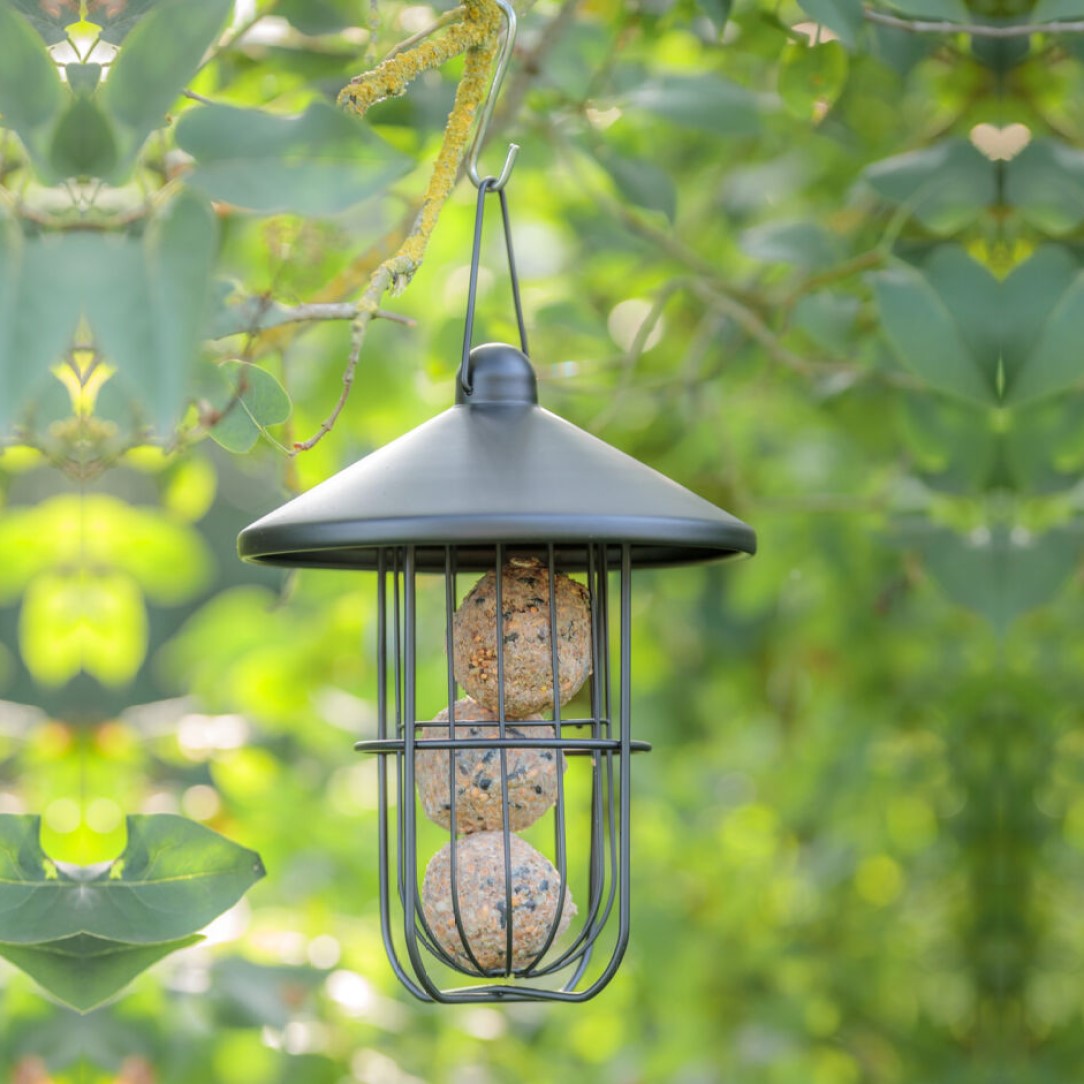 Utefuglautomat til meiseboller i metall, ø19 x 24cm sort halvmatt